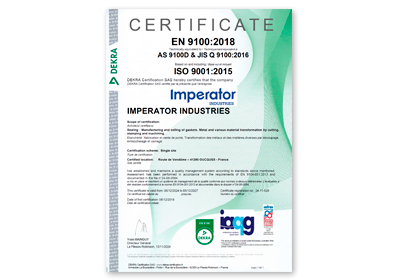 Imperator Industries Certificats EN 9100 et ISO 9001